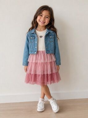 Nannette Kids Girl Pink Tiered Tulle Dress with Denim Jacket